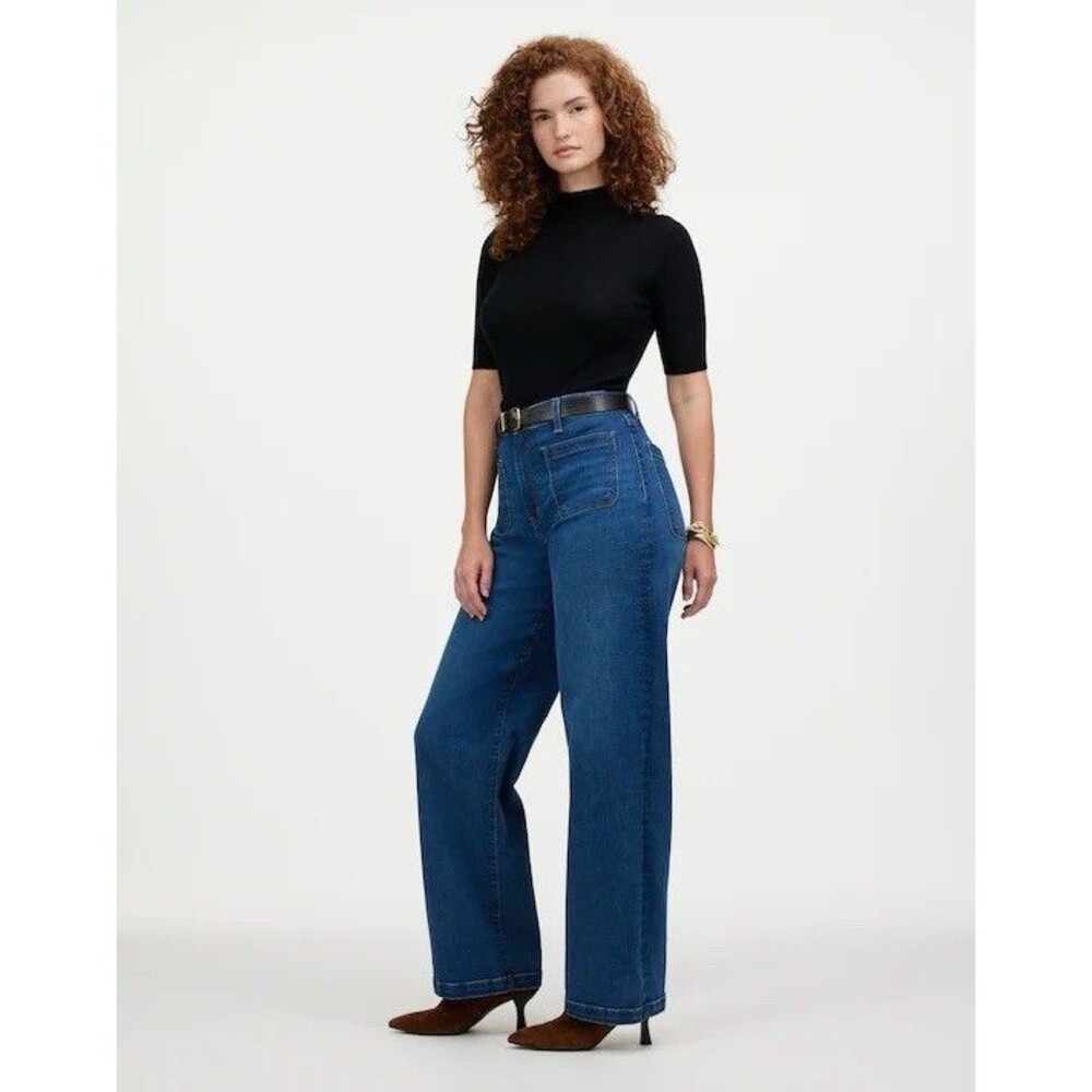 Madewell Emmett Size 30 Curvy High Rise Wide Leg Blue Jeans Patch Pockets - Picture 3 of 14